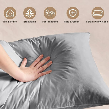 BHZ Grey Satin Goose Down Feather Pillows Queen Size with Satin Pillowcase for Hair and Skin, Cooling Pillow Cases Similar to Silk Pillow Cases, Decorative for Women, Mom Men