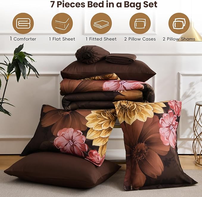 WONGS BEDDING 7 Pieces Comforter Set King Size, Floral Botanical Bed in a Bag Brown Flower Bedding Set, Soft Microfiber for All Season with Pillowcases & Shams,Sheets(90"×104")