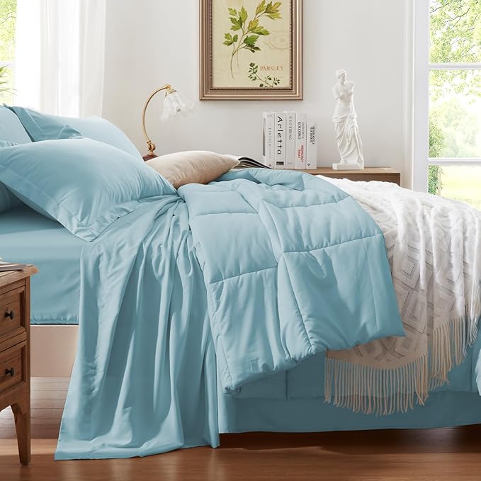 Anluoer Full Comforter Set 7 Piece, Light Blue Bed in a Bag with Sheets, Comforters Full Size Bedding Sets with 1 Comforter, 2 Pillow Shams, 2 Pillowcases, 1 Flat Sheet,1 Fitted Sheet
