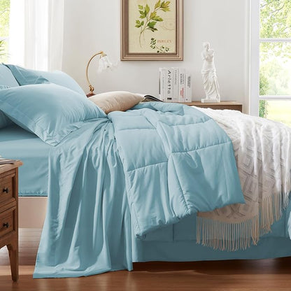 Anluoer Full Comforter Set 7 Piece, Light Blue Bed in a Bag with Sheets, Comforters Full Size Bedding Sets with 1 Comforter, 2 Pillow Shams, 2 Pillowcases, 1 Flat Sheet,1 Fitted Sheet