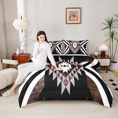 Feelyou Black Brown Rustic Western Bedding Set Twin Size Southwestern Aztec Tribal Comforter Set for Boys Girls Vintage Geometric Duvet Quilt Soft