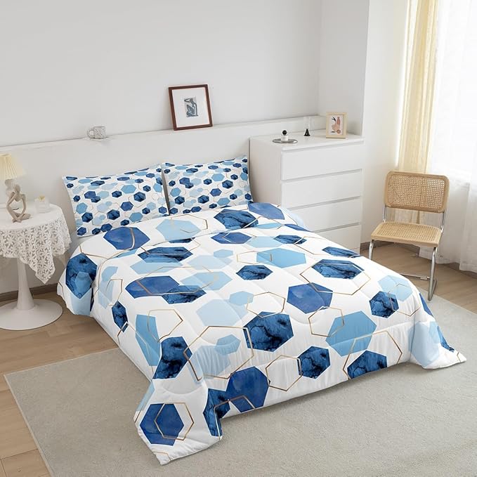 Erosebridal Hexagon Comforter Set King Navy Blue Bedding Set, Watercolor Honeycomb Bedding Comforter Sets Abstract Tie Dye Duvet Sets, Luxury Gold Hexagon Quilted Comforter Microfiber