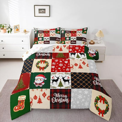 Merry Christmas Comforter Set Queen Size,Xmas Deer Santa Claus Pine Tree Bedding Set for Kids Girls Boys Red Green Grid Patchwork Plaid Quilt Set Winter Snowflake Duvet Insert,2 Pillowcases