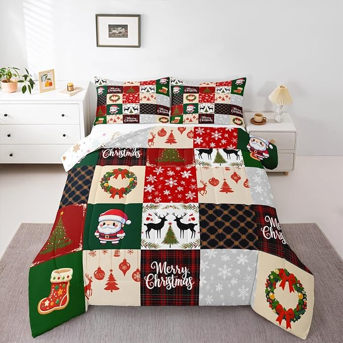 Merry Christmas Comforter Set Twin Size,Xmas Deer Santa Claus Pine Tree Bedding Set for Kids Girls Boys Red Green Grid Patchwork Plaid Quilt Set Winter Snowflake Duvet Insert,1 Pillowcase