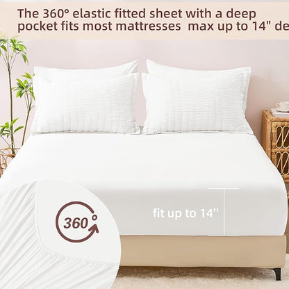 FUANNA King Size Comforter Set 7 Pieces, Luxury Seersucker Bed in a Bag King for All Seasons, Soft King Bedding Set with Comforter, Flat Sheet, Fitted Sheet, Pillowcases & Shams for Bedroom, White