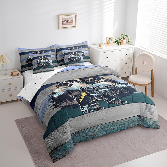 Erosebridal King Size Rustic Bear Comforter Set with Sheets and Pillows - 7-Piece Farmhouse Decor Bed-in-a-Bag (1 Comforter, 1 Sheet, 2 Pillowcases and 2 Throw Pillow Covers)