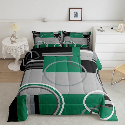 Erosebridal Geometric Swirls Bedding Set Full Olive Green Black Gray Square Comforter Abstract Circles Gromment Duvet Insert Stripes Lines Quilt Modern Graphic Down Comforter with 2 Pillow Covers