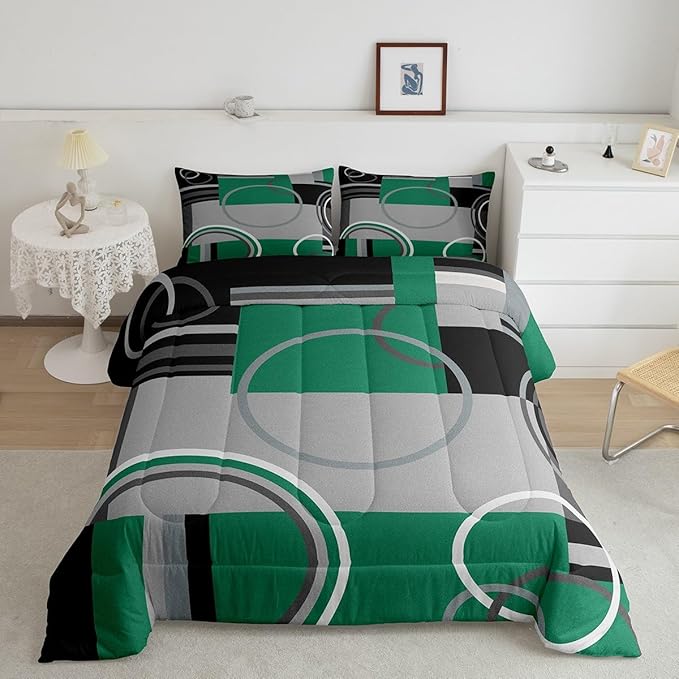 Erosebridal Geometric Swirls Bedding Set Twin Olive Green Black Gray Square Comforter Abstract Circles Gromment Duvet Insert Stripes Lines Quilt Modern Graphic Down Comforter with 1 Pillow Cover