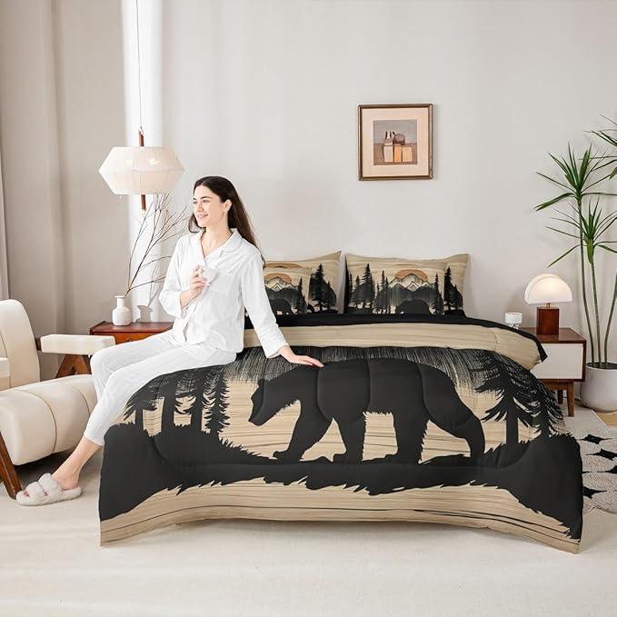 Erosebridal 7 Pieces Bear Bedding Set Twin Size for Kids Teens Adults - Black Woodland Forest Comforter Set with Sheets Country Bear Hunting Bed in A Bag Mountain Animal Rustic Cabin Lodge Bed Sets