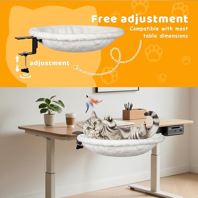 Desk-Mounted Cat Hammock Bed, Clamp-On Pet Perch, Soft Faux Fur, No-Drill Install, Washable Pad, 16.5" Round, Supports 50 lb, Space-Saving Home Office