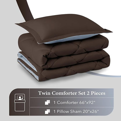 downluxe Twin Comforter Set - Brown and Blue Twin Comforter, Soft Bedding Sets for All Seasons -2 Pieces - 1 Comforter (66"x92") and 1 Pillow Sham(20"x26")