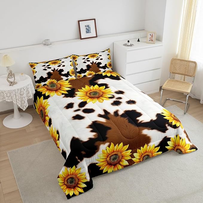 Erosebridal Cow Print Comforter Set for Kids Boys Girls,White Brown Black Cowhide Sunflower Bedding Set,Yellow Highland Fur Duvet Insert,Farmhouse Western Animal Down with 2 Pillowcases,King