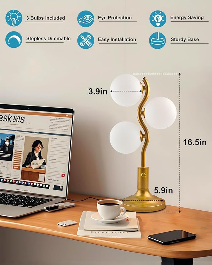 3-Globe Table Lamp for Bedroom, Mid Century Modern Gold Desk Lamp 3000K Warmwhite Dimmable Nightstand Bedside Lamp for Living Room Study Room(G9 Bulbs Included)