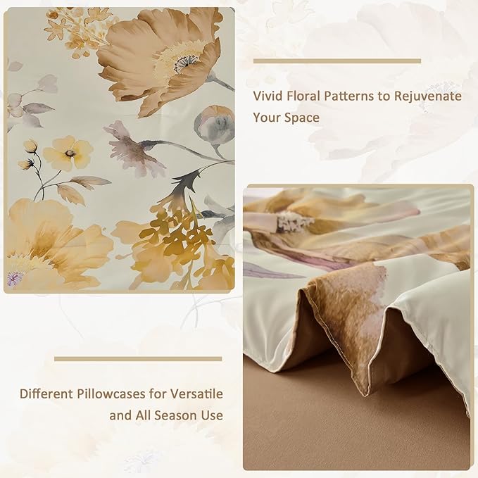 DJY Floral Comforter Set Queen Size 7 Pieces Cream & Warm Yellow Floral Bed in a Bag with Flower Leaves Pattern, Soft Microfiber Botanical Comforter and Sheet Set All Season Bedding Set(90''x90'')