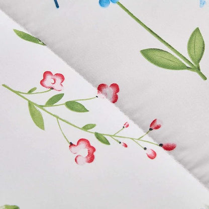 White Floral Comforter Sheet Set 7 Pieces Bed in a Bag King Size Green Blue Leaves with Red Flowers Reversible Bedding Set (1 Comforter 2 Pillow Shams 1 Flat Sheet 1 Fitted Sheet 2 Pillowcases)