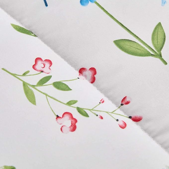 White Floral Comforter Sheet Set 7 Pieces Bed in a Bag Queen Size Green Blue Leaves with Red Flowers Reversible Bedding Set (1 Comforter 2 Pillow Shams 1 Flat Sheet 1 Fitted Sheet 2 Pillowcases)