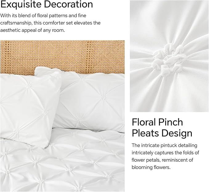 BEDELITE White Queen Comforter Set - 3 Pieces Boho Pintuck Bedding Comforter Sets, Lightweight Soft & Warm Bed Comforter Queen with 2 Pillowcases for All Season