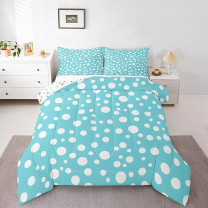 Manfei White Polka Dots Comforter Set,Chic Teal White Geometric Circles Simple Bedding Set for Teens Young Room,French Style Cute Dots Print Quilt Set 3 Pcs with 2 Pillowcases,Full