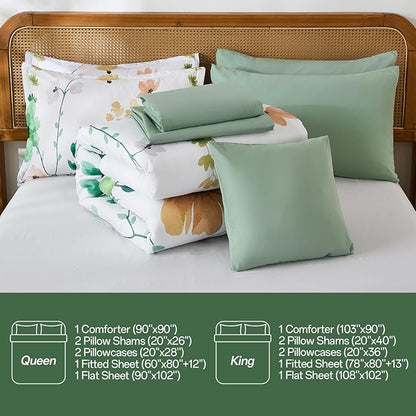 Anibedding 8Pieces Queen Comforter Set, Sage Green Watercolor Floral Queen Size Bed in a Bag Comforter Set with Pillowcase, Sheets for All Season