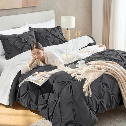 Andency Dark Grey King Size Comforter Set, 3 Piece Gray Pinch Pleat Fluffy Lightweight Bedding Set, All Season Soft Microfiber Bed Set