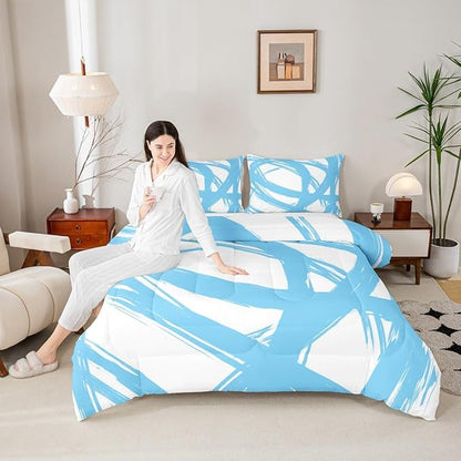 Erosebridal Blue and White Abstarct Toddler Bedding Set,Aesthetic Geometric Comforter Set for Minimalists,Graffiti Stripes Lines Quilt,Contemporary Boho Modern Art Duvet Insert for Minimalism