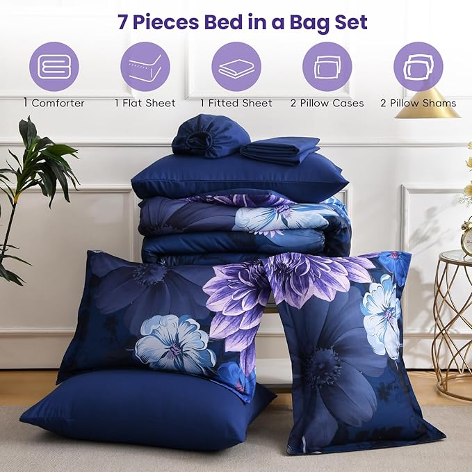 WONGS BEDDING Floral Comforter Set King Size, 7 Pieces Purple Bed in a Bag Comforter Bedding Set, Soft Microfiber for All Season with Pillowcases & Shams,Sheets(90"×104")