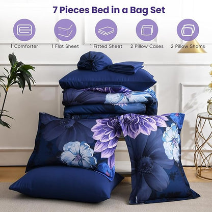 WONGS BEDDING Floral Comforter Set King Size, 7 Pieces Purple Bed in a Bag Comforter Bedding Set, Soft Microfiber for All Season with Pillowcases & Shams,Sheets(90"×104")