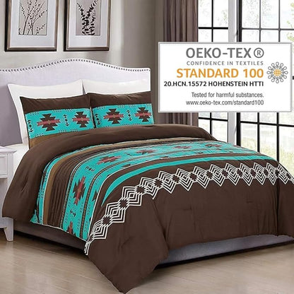 WPM WORLD PRODUCTS MART 3 Piece Western Southwestern Native American Design Comforter Set Multicolor Teal Coffee Brown Embroidered King Size Navajo Bedding Set- Makala (King)