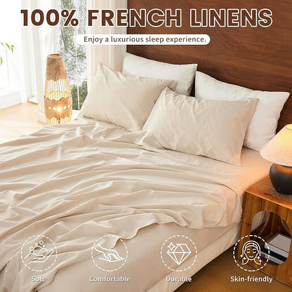 Bedlifes 100% French Pure Linen Sheets California King Size Breathable and Cooling Flax Sheet Set Soft Durable and Moisture Wicking 16 Inch Deep Pocket-4 Piece(Cal King,Linen)