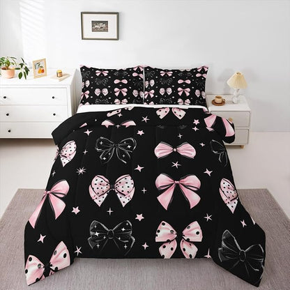 Erosebridal Black Pink Bow Bedding Set Cute Cartoon Bowknot King Comforter Set for Girls Coquette Butterfly Knot Bedding Comforter Sets for Kids Teen Adults,Princess Style Kawaii Bed Set