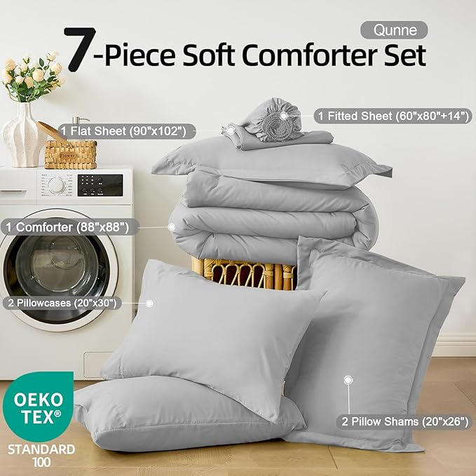 FUANNA Queen Comforter Set Light Grey, 7 Pieces Soft Bedding Sets Queen Size, All Season Lightweight Bed in a Bag with Comforter, Flat Sheet, Fitted Sheet, Pillowcases & Shams