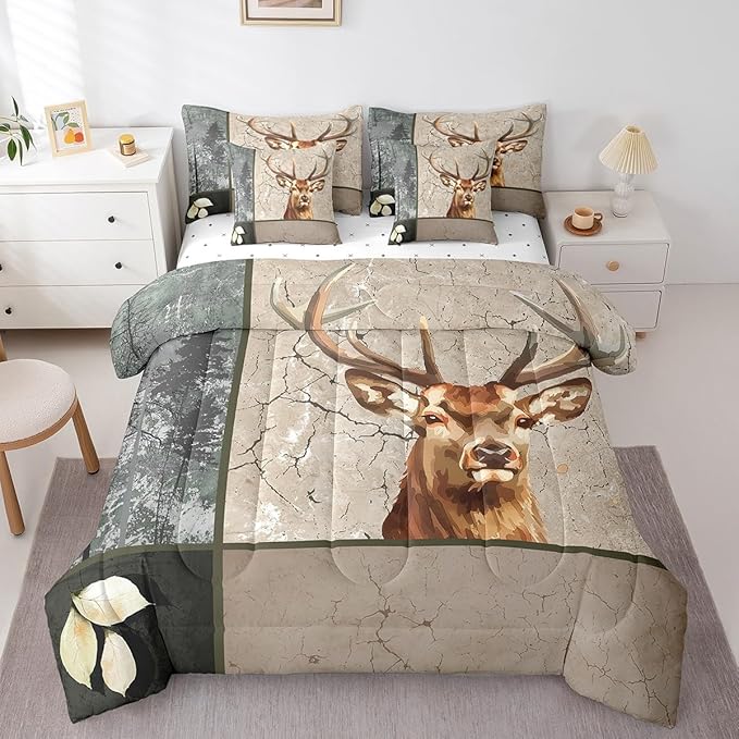 Erosebridal Elk Deer Comforter Set 7 Piece Bed in a Bag Twin,Woodland Animals Bedding Sets Wild Animals Sheet Set with Comforter