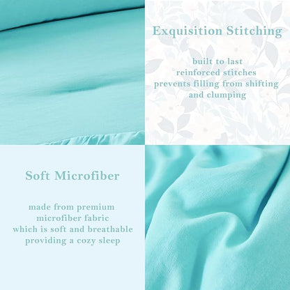 PERFEMET Boho Teal Comforter Set, 3 Pieces Girls Twin Bedding Set, Multi Layers Ruffle Bed Set for Kids Teens, Washed Microfiber Farmhouse Princess Bedding Comforter Sets (Teal,Twin)