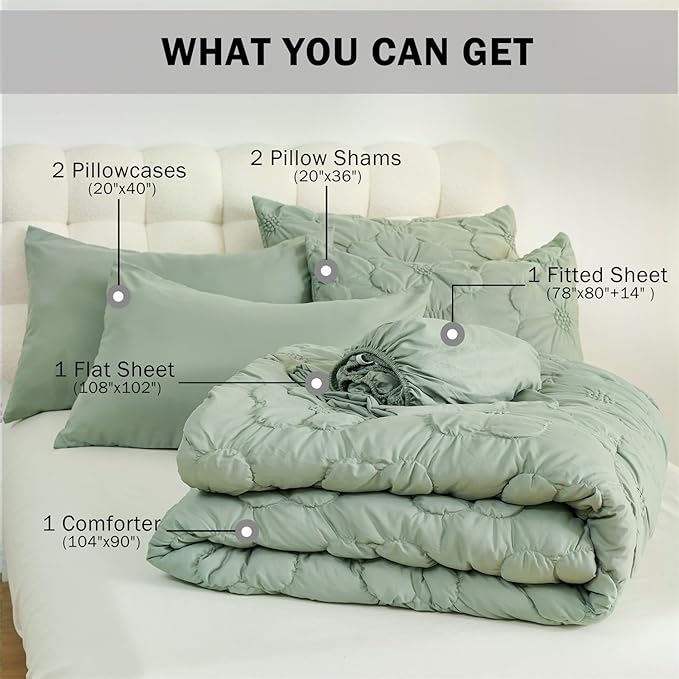 Cmfshape Green Pinch Pleat Comforter Set King Size-7 Pieces Bedding Comforter Bed in A Bag-Lightweight Microfiber Bedding Set with Comforter,Fitted Sheet,Flat Sheet and Pillow Shams-104 x90