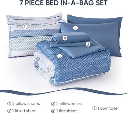 Drucon 7 Piece Striped Comforter Set Queen Size Light Blue Bed in a Bag, Soft Microfiber Complete Bedding Set with Sheets for All Season