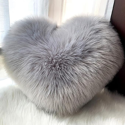 HANDKEI Love Pillow, Heart-Shaped Long Plush, Pink Imitation Wool, Living Room Sofa, Cute Cushion, Bedside Cushion (Grey, 13.77 inch X 17.71 inch)