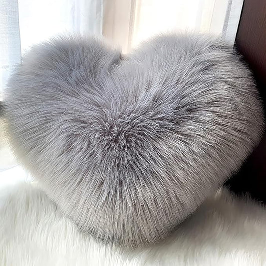 HANDKEI Love Pillow, Heart-Shaped Long Plush, Pink Imitation Wool, Living Room Sofa, Cute Cushion, Bedside Cushion (Grey, 13.77 inch X 17.71 inch)