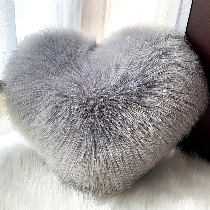 HANDKEI Love Pillow, Heart-Shaped Long Plush, Pink Imitation Wool, Living Room Sofa, Cute Cushion, Bedside Cushion (Pink, 13.77 inch X 17.71 inch)