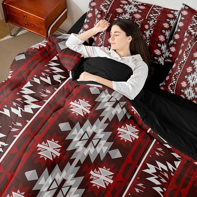 Erosebridal Western Aztec Bedding Set Full 7 Piece Rustic Southwestern Tribal Comforter Set Bohemian Geometric Vintage Bed in A Bag Boho Tribal Farmhouse Style Quilt with Flat Fitted Sheet