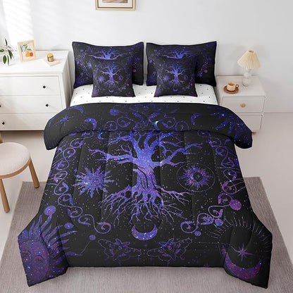 Feelyou Bohemian Tree Bedding Set with Comforter, Twin Size 7Pcs Purple Galaxy Tree Comforterative Sun Moon Bed in a Bag with Comforter, Astrology Space Room Decor