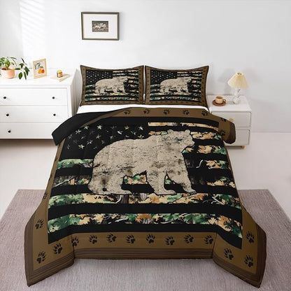 Feelyou Gray Bear Bedding Set Wild Animal Comforter Set for Kids Boys Girls Camo Tree Branches Comforter American Flag Quilt Set with 1 Pillowcase 2Pcs Bedding Toddler