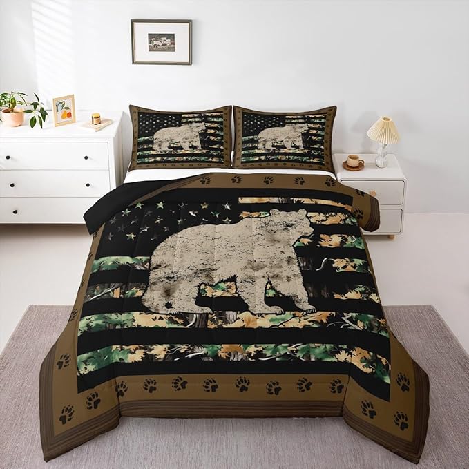 Feelyou Gray Bear Bedding Set Wild Animal Comforter Set for Kids Boys Girls Camo Tree Branches Comforter American Flag Quilt Set with 2 Pillowcases 3Pcs Bedding Full