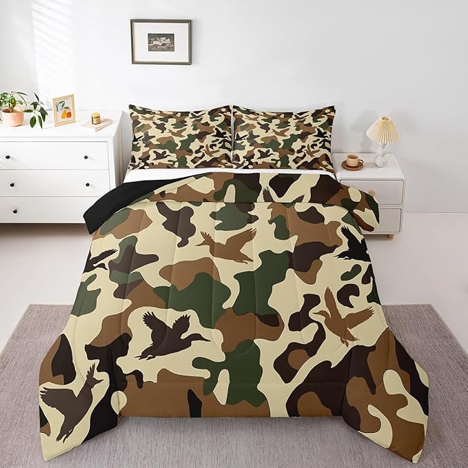 Erosebridal Duck Hunter Duvet Insert Toddler Size Camo Bedding for Kids Army Camouflage Hunting Bedding Comforter Sets Vintage Green Brown Bedroom Decor Wild Animal Duck Rustic Comforter Set