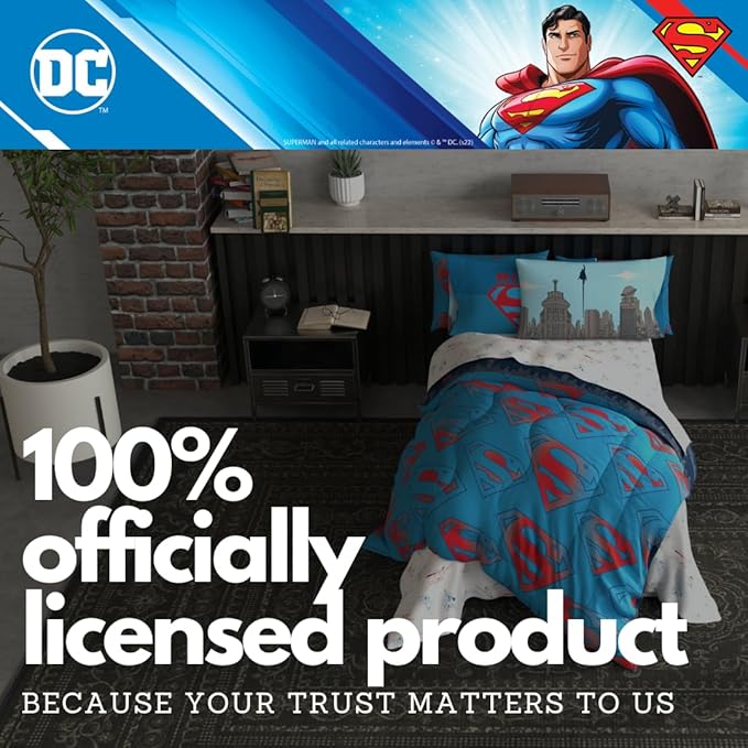 Superman DC Comics Kids Bedding Super Soft & Cozy Reverisble Microfiber Comforter and Sheet Set with Sham, 5 Piece Twin Size, (Officially Licensed Product) by Franco
