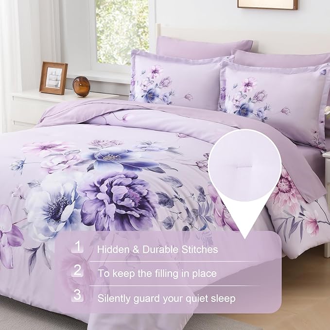 Floral King Size Comforter Set - 7 Piece Botanical Purple Flower Bed in a Bag Ulter Soft Microfiber Bedding Set, Lightweight Bed Comforter Set with Sheets for All Season (Purple, King)