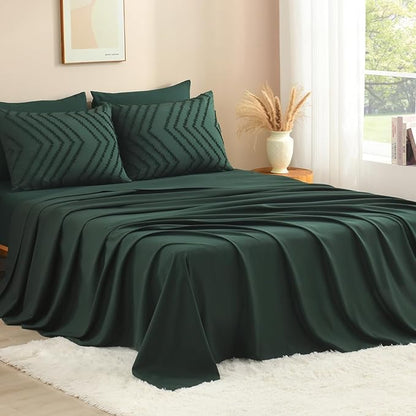 Litanika King Size Comforter Set with Sheets Dark Emerald Green - 7 Pieces Bed in a Bag King Chevron Tufted Complete Bedding Sets with Comforter, Sheets, Pillowcases & Shams