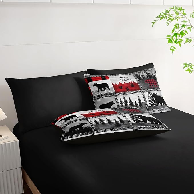 7 Piece Wildlife Bear Deer Queen Set Comforter，Rustic Cabin Queen Size Bedding Sets Comforter and Sheets