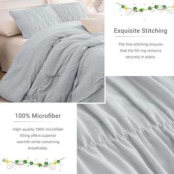 Lady Ann King Comforter Set Light Blue Ruched Bedding Comforter Sets for Bedroom, Ultra Soft Ruffle Fluffy King Size 106"*95" Shabby and Chic Bed Sets, 3PCS