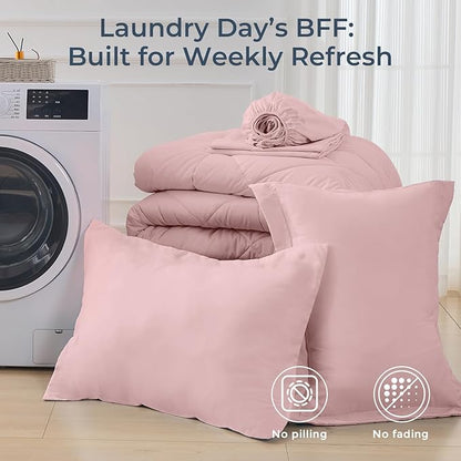 HEVUMYI Dusty Pink Twin Comforter Set - 5-Piece All Season Bed in a Bag Twin, Ultra Soft Bedding Set with Comforter, Flat Sheet, Fitted Sheet, Pillowcases, Pillow Shams