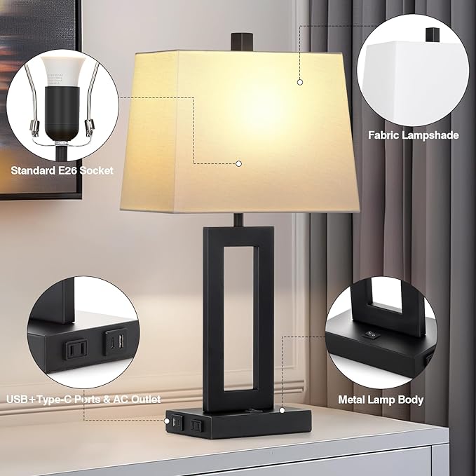 Table Lamp Set of 2 with USB C+A Ports & AC Outlet, Bedside Lamps, Modern Bedroom Lamps, Black Lamps for Night Stands Bedroom Living Room,Nightstand Lamp（Push Button Swich